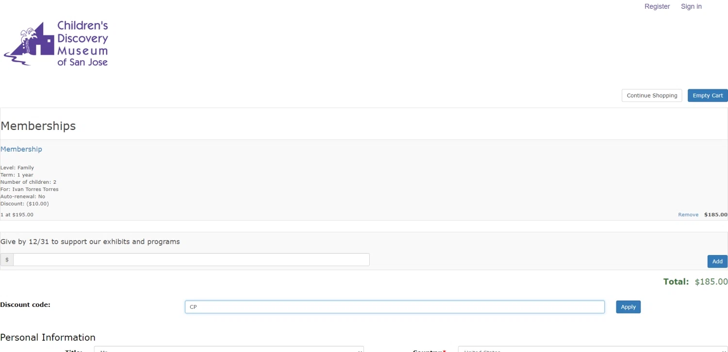 Children's Discovery Museum of San Jose checkout page showing Children's Discovery Museum of San Jose promo code box | Screenshot taken by SimplyCodes community member on Jul 13, 2023