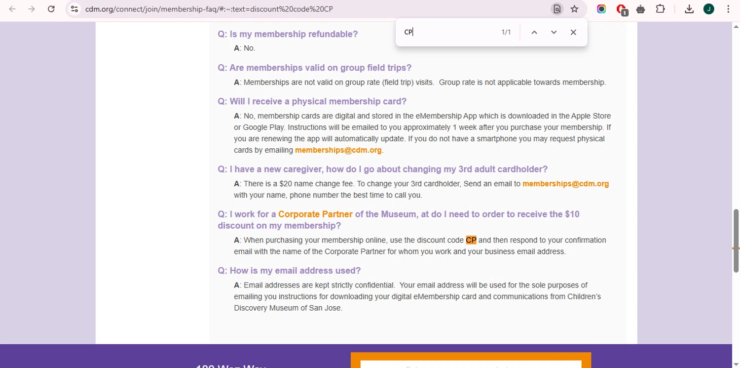 Children's Discovery Museum of San Jose promo code screenshot showing code CP applied at Children's Discovery Museum of San Jose checkout page. Uploaded by SimplyCodes community member jesslpez on Mar 8, 2025