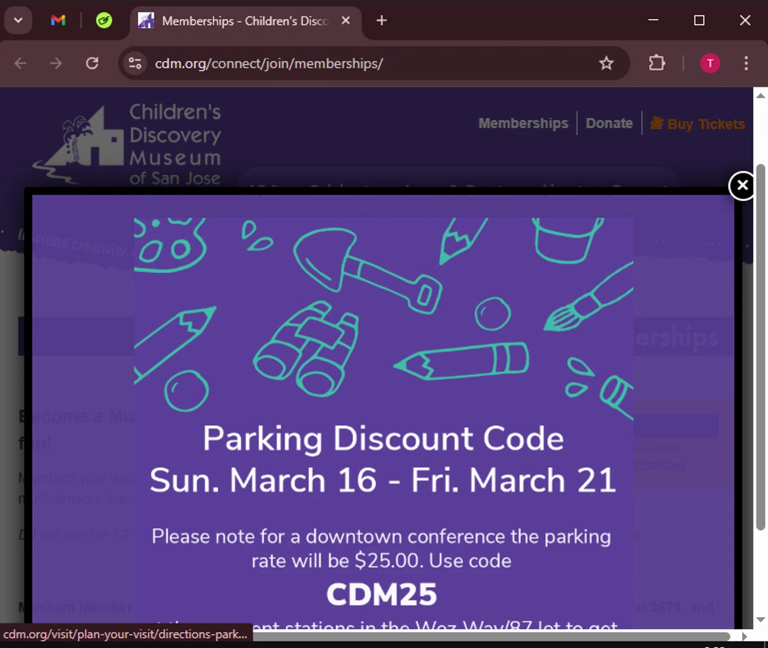 Children's Discovery Museum of San Jose promo code screenshot showing code cdm25 applied at Children's Discovery Museum of San Jose checkout page. Uploaded by SimplyCodes community member WiseScout3498 on Mar 16, 2025