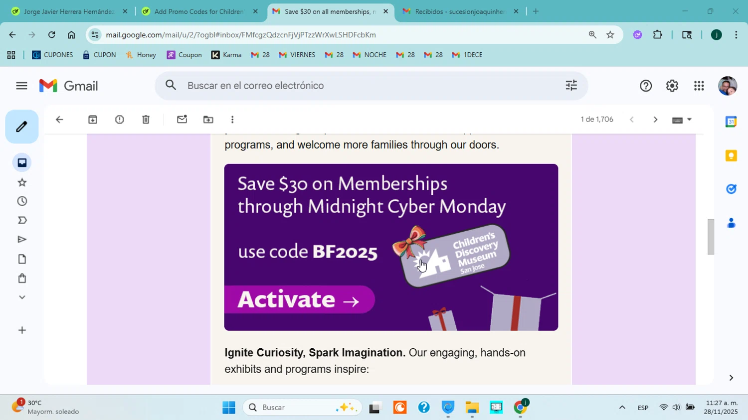Children's Discovery Museum of San Jose promo code screenshot showing code BF2025 applied at Children's Discovery Museum of San Jose checkout page. Uploaded by SimplyCodes community member jorgejavierherrera on Nov 28, 2025