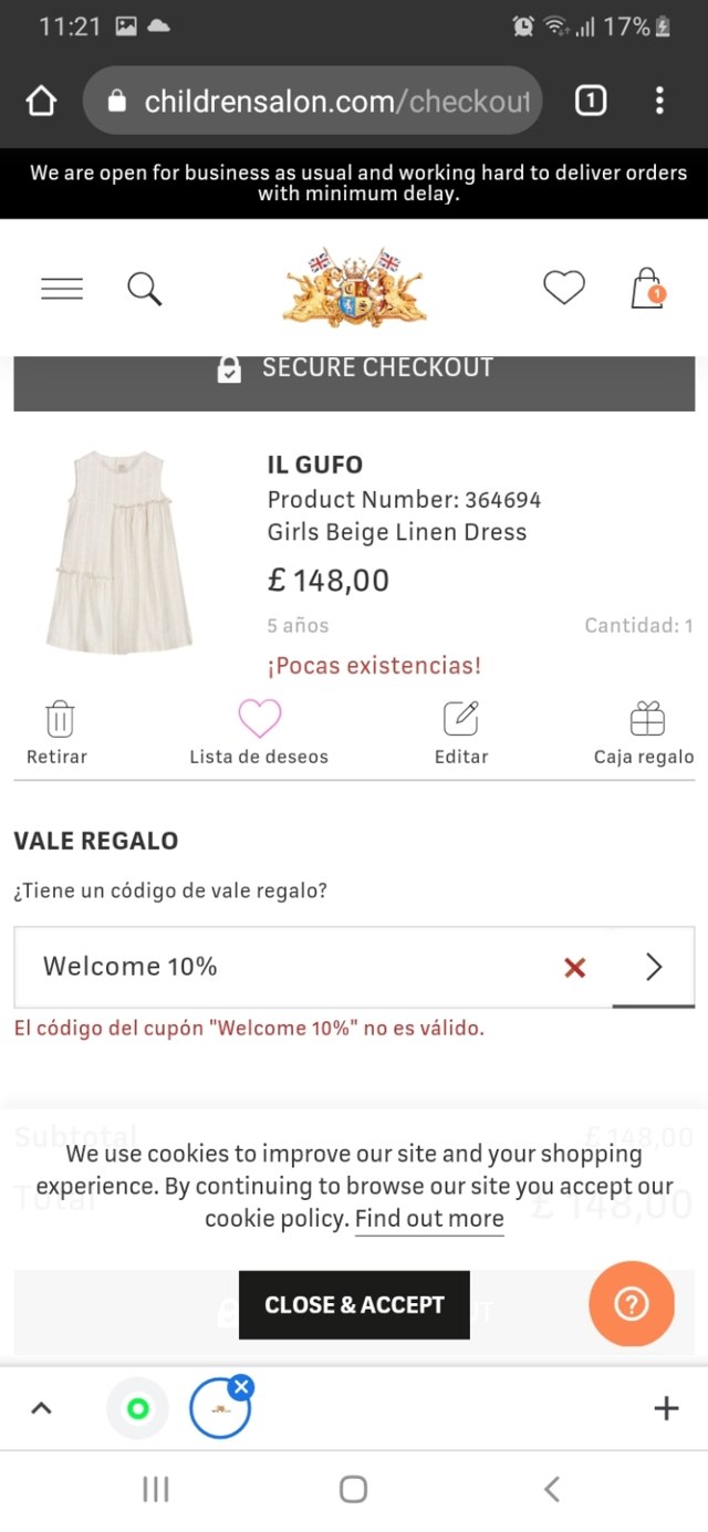 Childrensalon checkout page showing Childrensalon promo code box | Screenshot taken by SimplyCodes community member on Feb 28, 2021