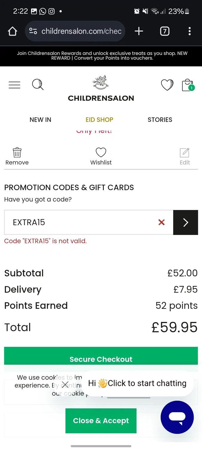 Childrensalon promo code screenshot showing code EXTRA15 applied at Childrensalon checkout page. Uploaded by SimplyCodes community member Rei_Chikita_uwu on Mar 21, 2025