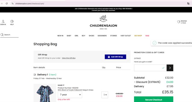 Childrensalon checkout page showing Childrensalon promo code box | Screenshot taken by SimplyCodes community member on Jan 29, 2025