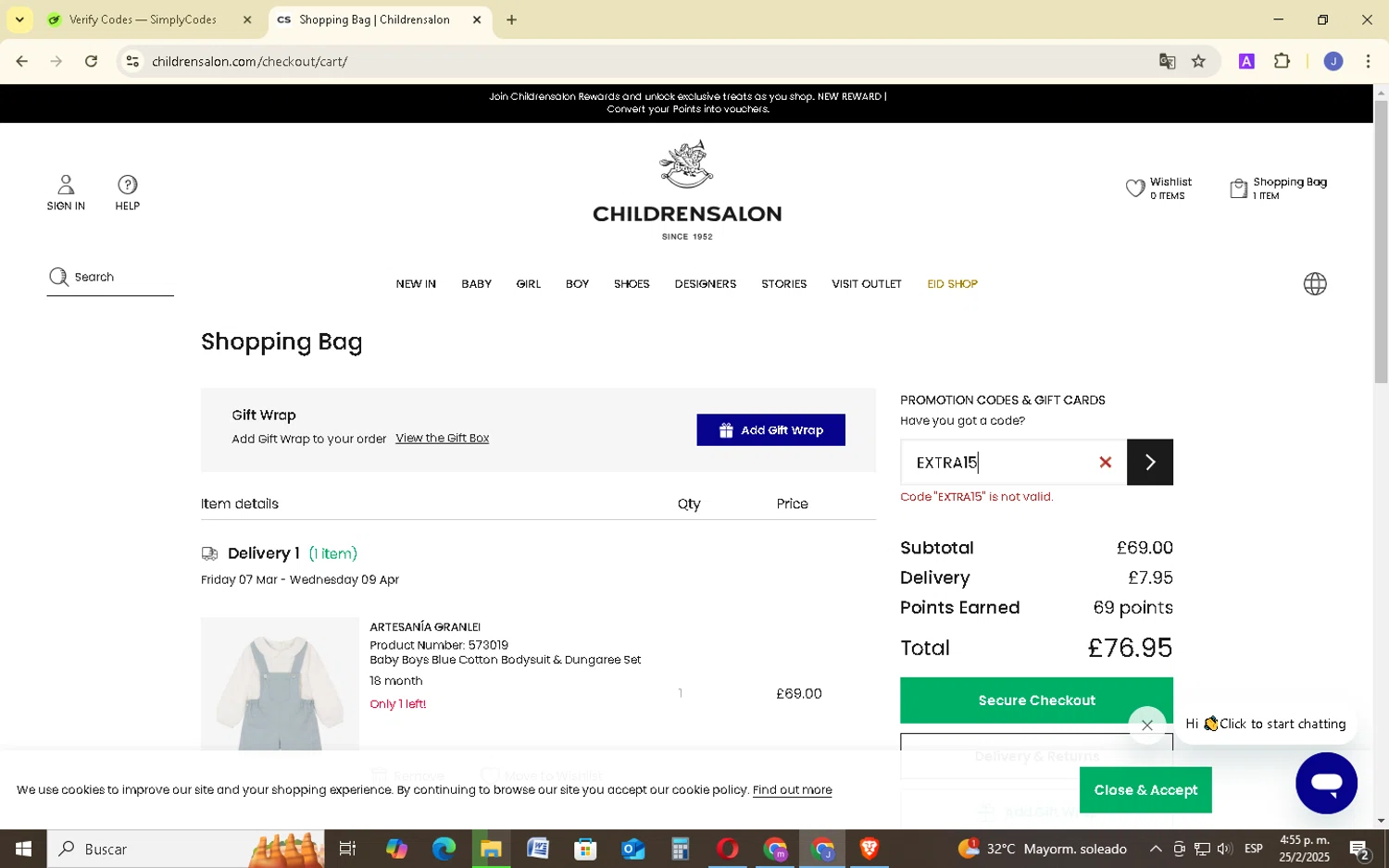 Childrensalon promo code screenshot showing code EXTRA15 applied at Childrensalon checkout page. Uploaded by SimplyCodes community member EpicSage3474 on Feb 25, 2025