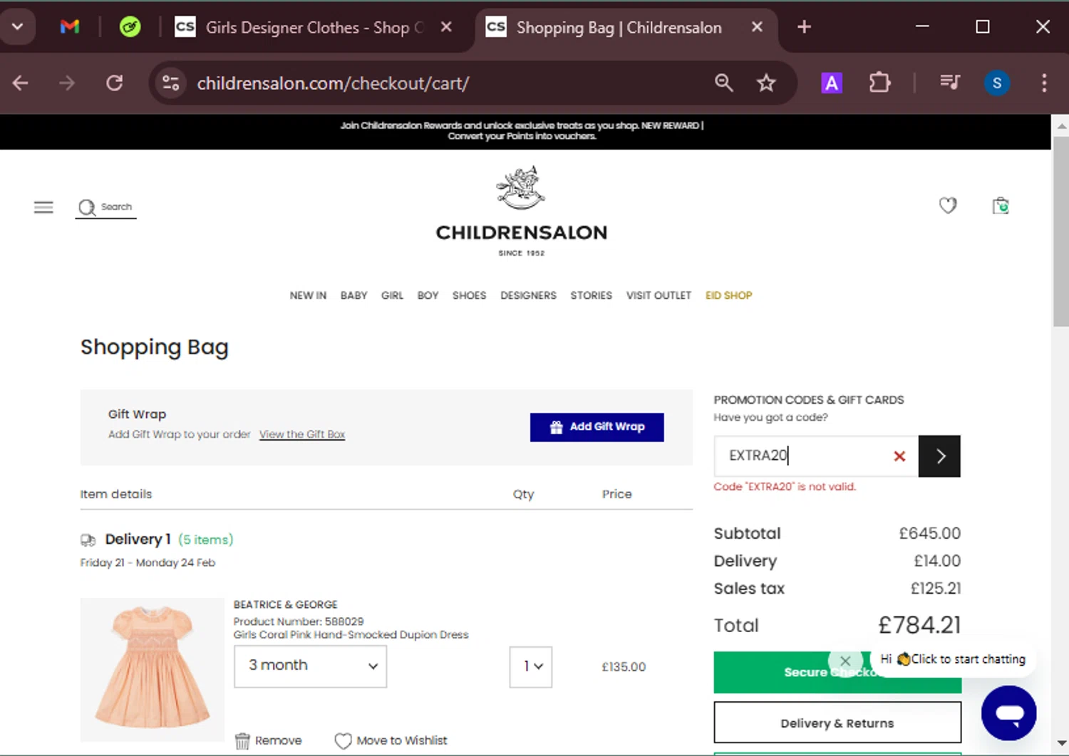 Childrensalon promo code screenshot showing code EXTRA20 applied at Childrensalon checkout page. Uploaded by SimplyCodes community member BrandoJose1 on Feb 18, 2025