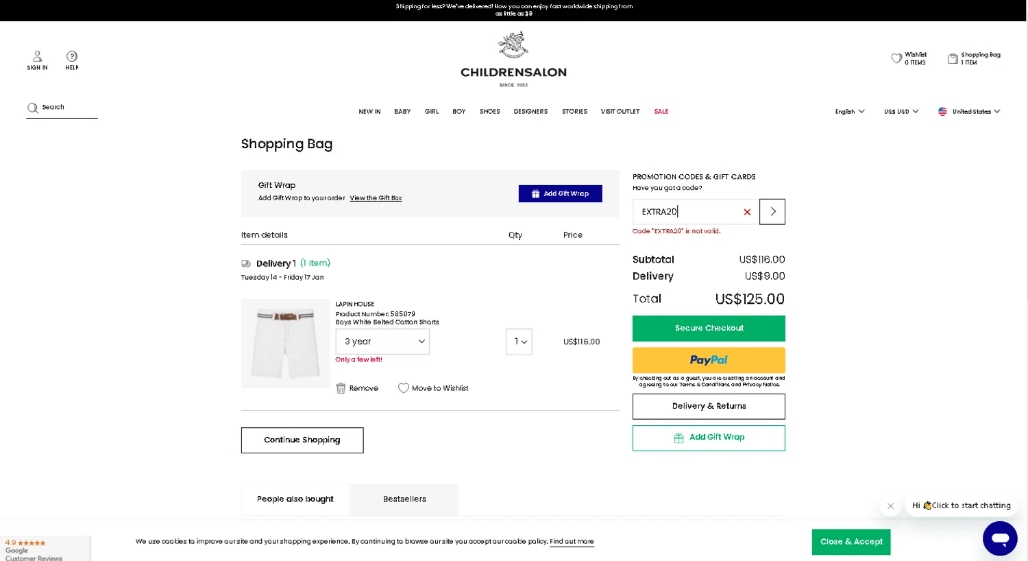 Childrensalon promo code screenshot showing code EXTRA20 applied at Childrensalon checkout page. Uploaded by SimplyCodes community member Yabriel007 on Jan 11, 2025