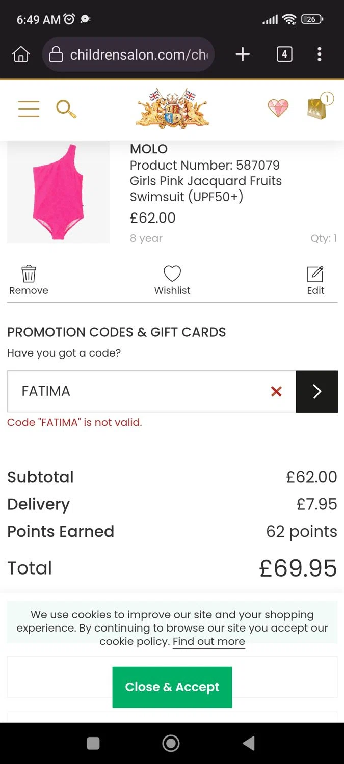 Childrensalon promo code screenshot showing code FATIMA applied at Childrensalon checkout page. Uploaded by SimplyCodes community member CrownLion2750 on May 28, 2025