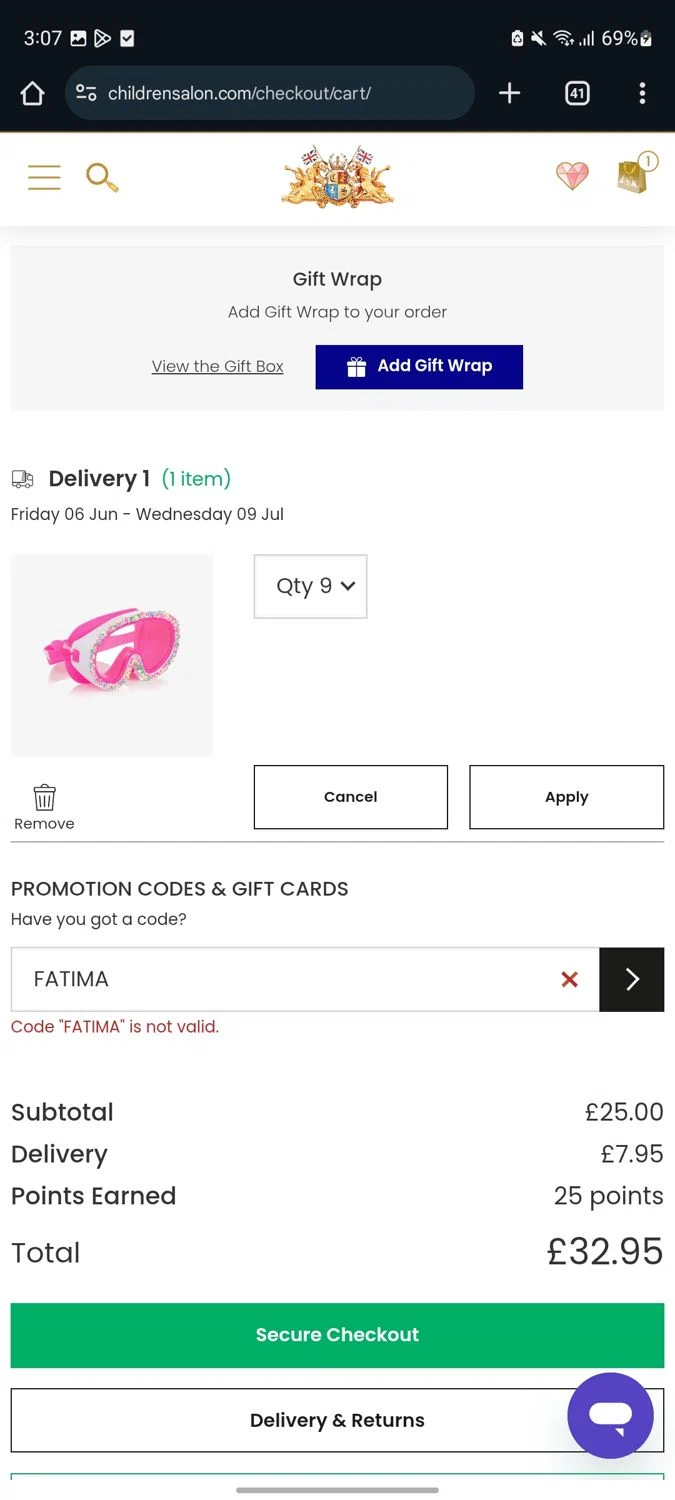 Childrensalon promo code screenshot showing code FATIMA applied at Childrensalon checkout page. Uploaded by SimplyCodes community member MangoFC on May 28, 2025