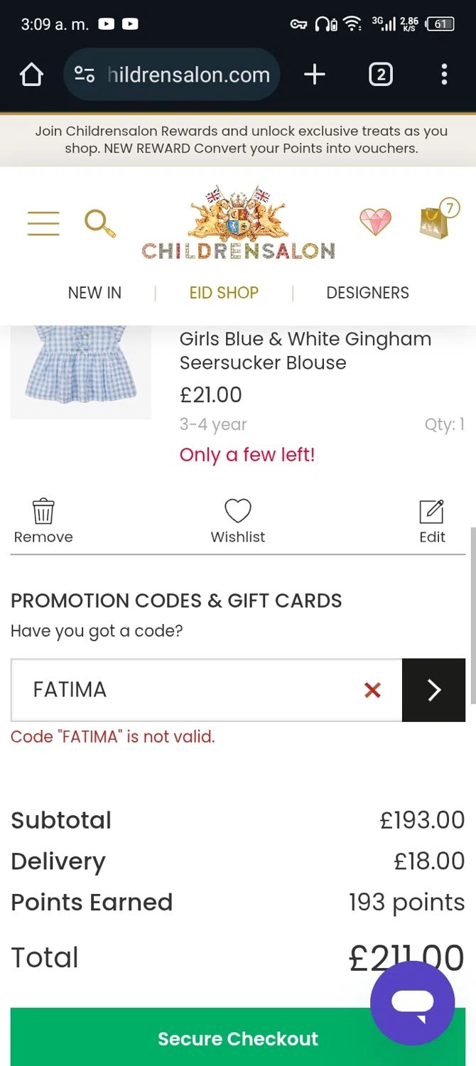 Childrensalon promo code screenshot showing code FATIMA applied at Childrensalon checkout page. Uploaded by SimplyCodes community member Rafita on May 28, 2025