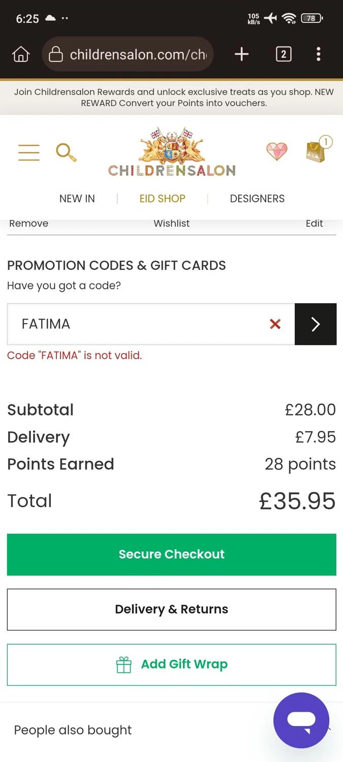 Childrensalon promo code screenshot showing code FATIMA applied at Childrensalon checkout page. Uploaded by SimplyCodes community member Willfrenny_18 on May 28, 2025
