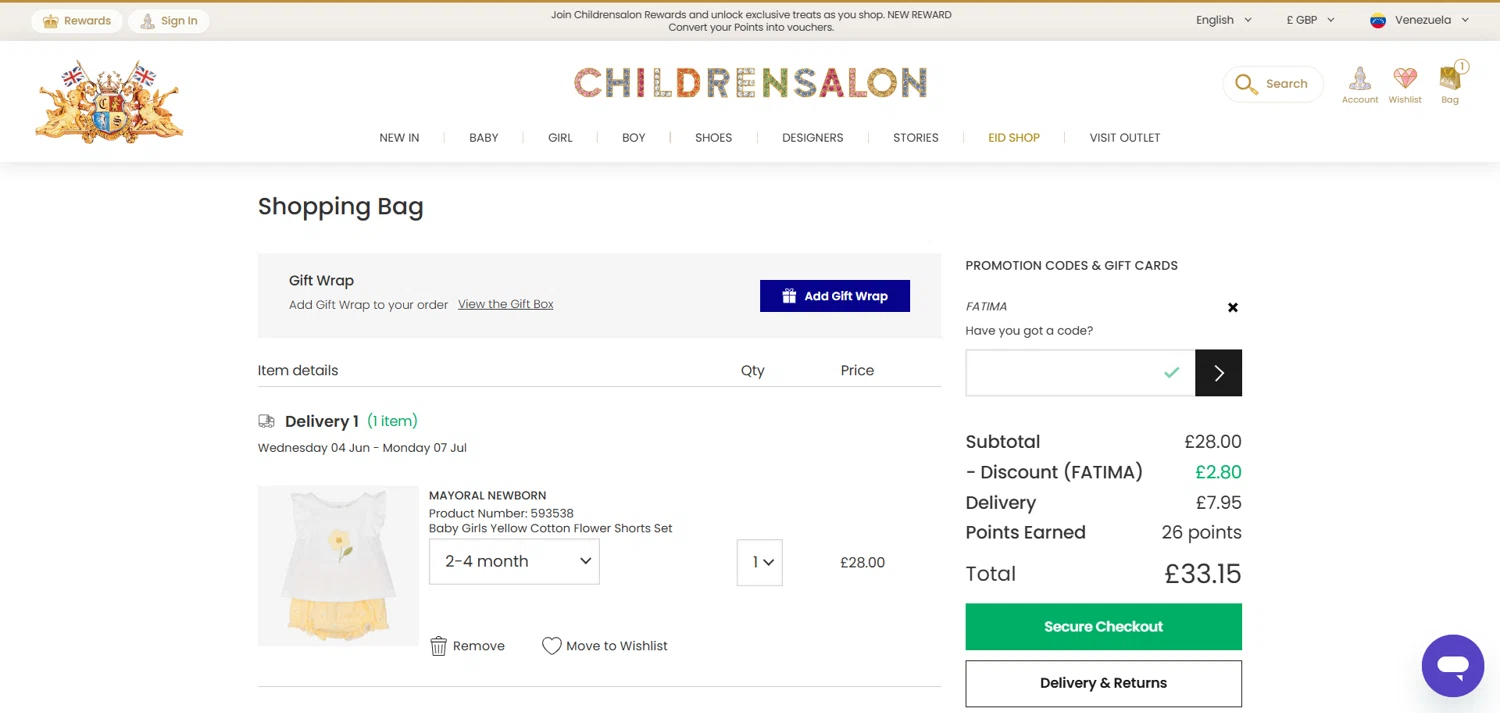 Childrensalon promo code screenshot showing code FATIMA applied at Childrensalon checkout page. Uploaded by SimplyCodes community member marielysmorales on May 23, 2025