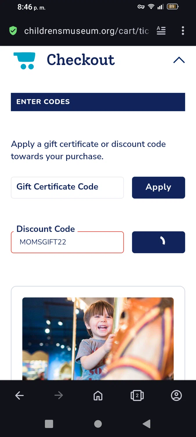 The Children's Museum promo code screenshot showing code MOMSGIFT22 applied at The Children's Museum checkout page. Uploaded by SimplyCodes community member Holland on Feb 2, 2025