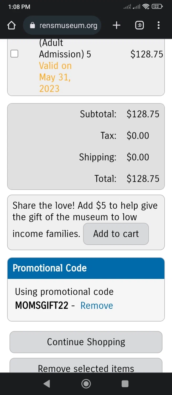 The Children's Museum checkout page showing The Children's Museum promo code box | Screenshot taken by SimplyCodes community member on May 3, 2023