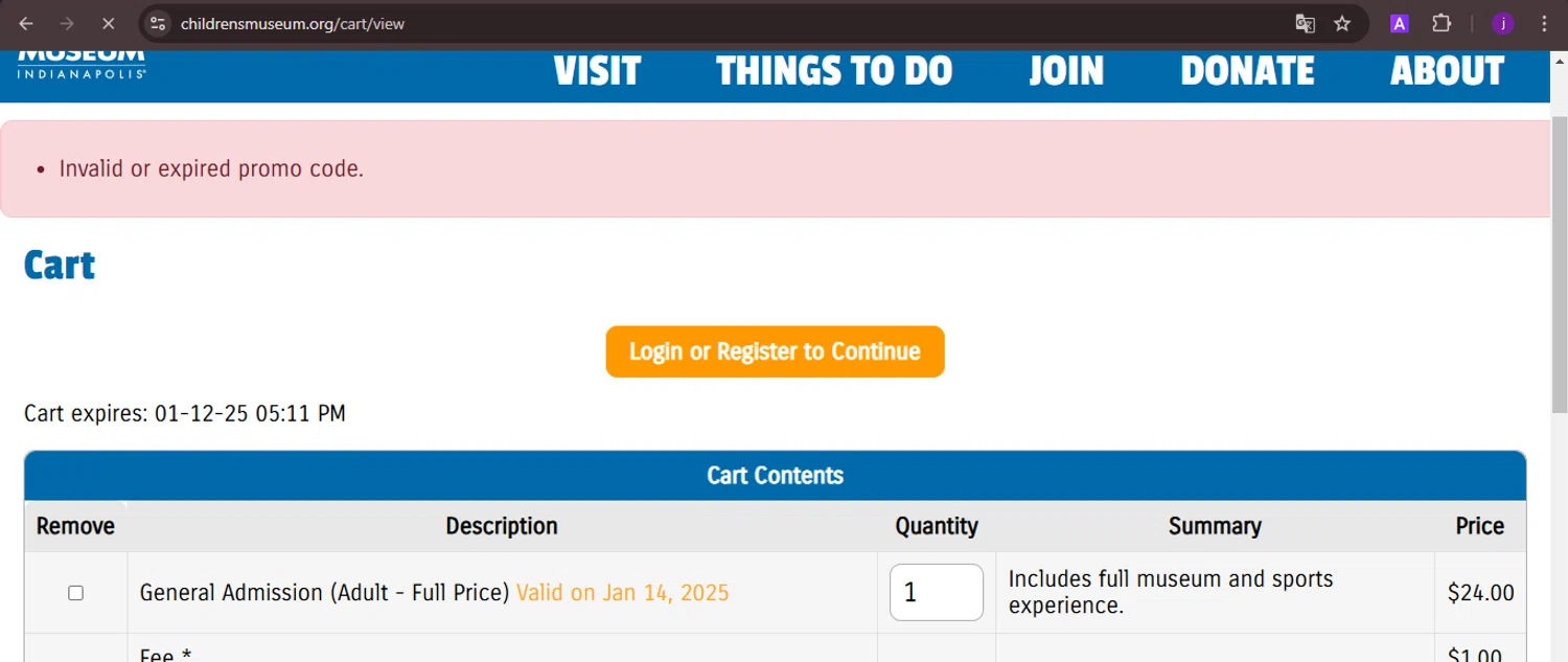 The Children's Museum promo code screenshot showing code MOMSGIFT22 applied at The Children's Museum checkout page. Uploaded by SimplyCodes community member CoinMaverick1452 on Jan 12, 2025