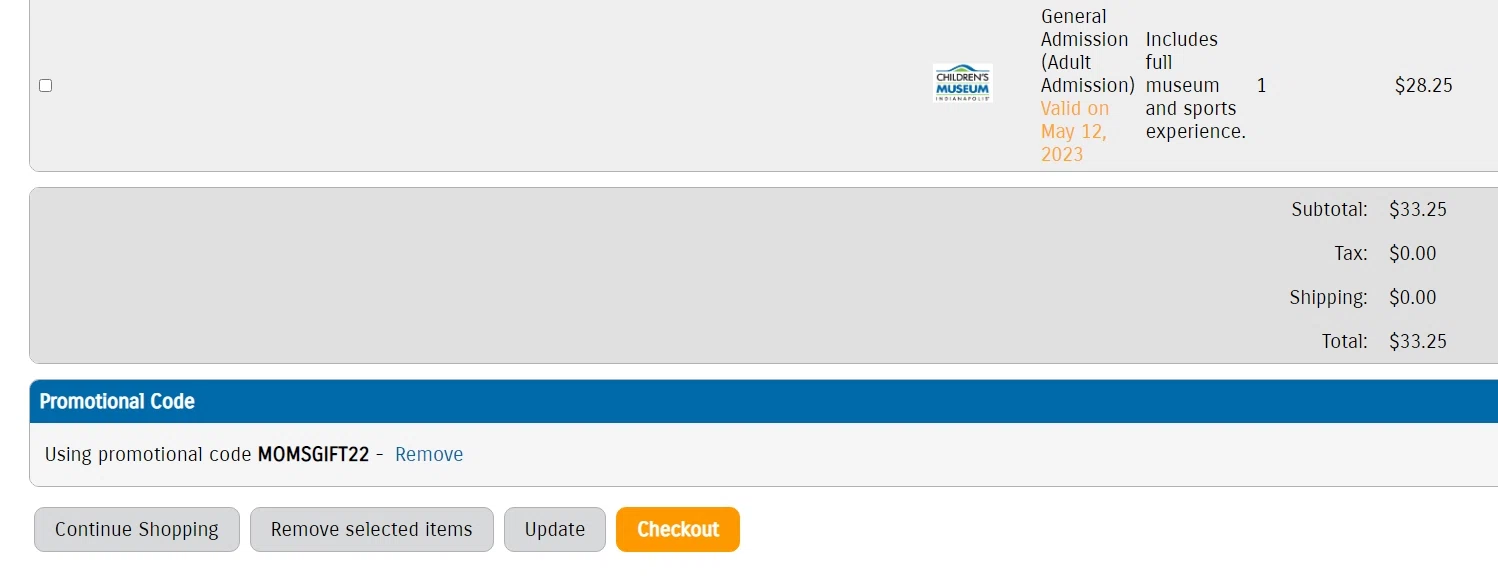 The Children's Museum checkout page showing The Children's Museum promo code box | Screenshot taken by SimplyCodes community member on May 4, 2023