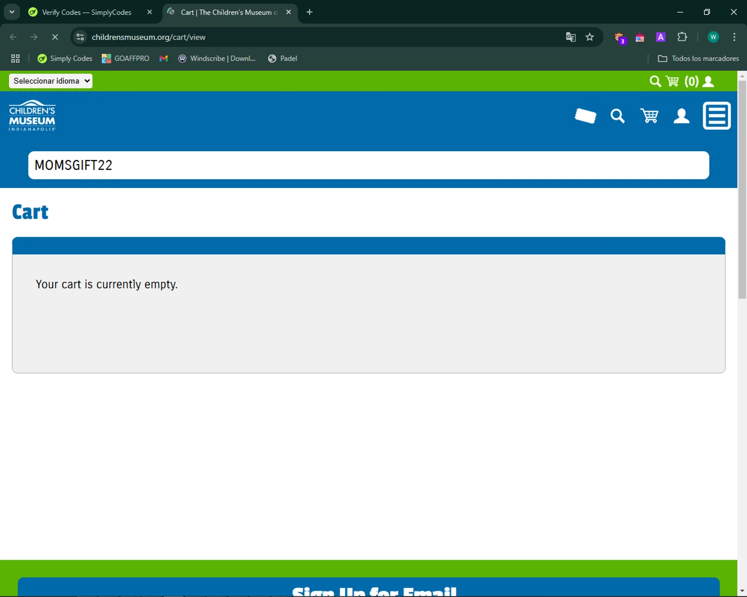 The Children's Museum checkout page showing The Children's Museum promo code box | Screenshot taken by SimplyCodes community member on Nov 29, 2024