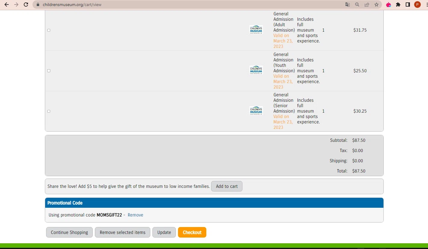 The Children's Museum checkout page showing The Children's Museum promo code box | Screenshot taken by SimplyCodes community member on Mar 19, 2023