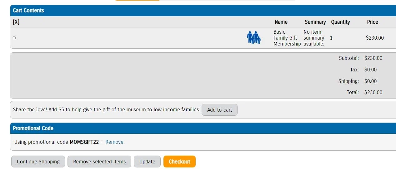 The Children's Museum checkout page showing The Children's Museum promo code box | Screenshot taken by SimplyCodes community member on Jun 3, 2023