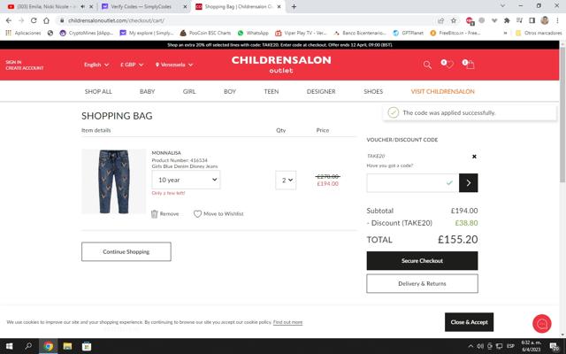 Childrensalon Outlet checkout page showing Childrensalon Outlet discount code box | Screenshot taken by SimplyCodes community member on Apr 6, 2023