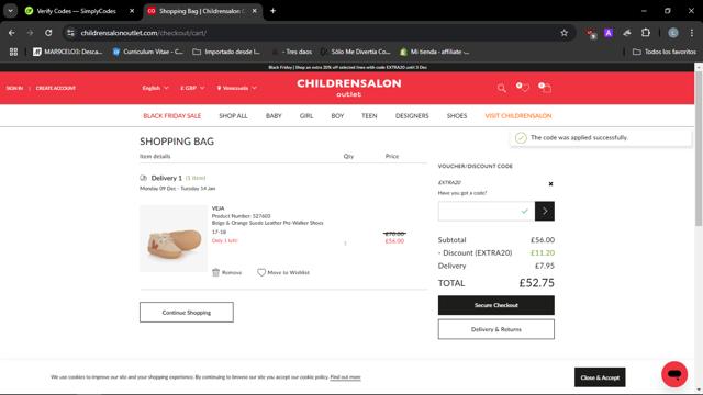 Childrensalon Outlet checkout page showing Childrensalon Outlet discount code box | Screenshot taken by SimplyCodes community member on Nov 28, 2024