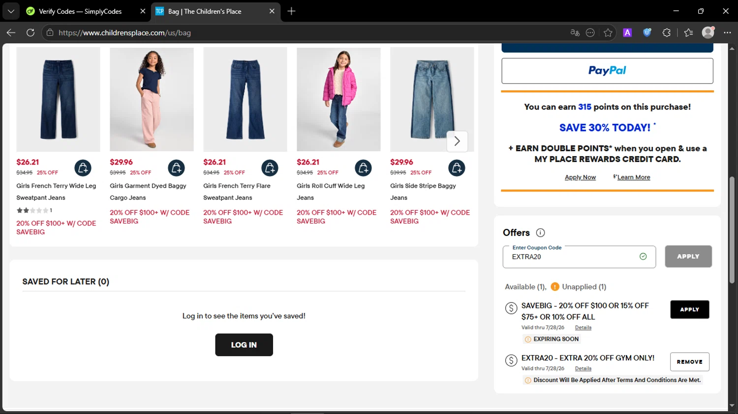 Verification screenshot for 20% Off Select Styles (minimum Order $60) at The Children's Place - 6d ago