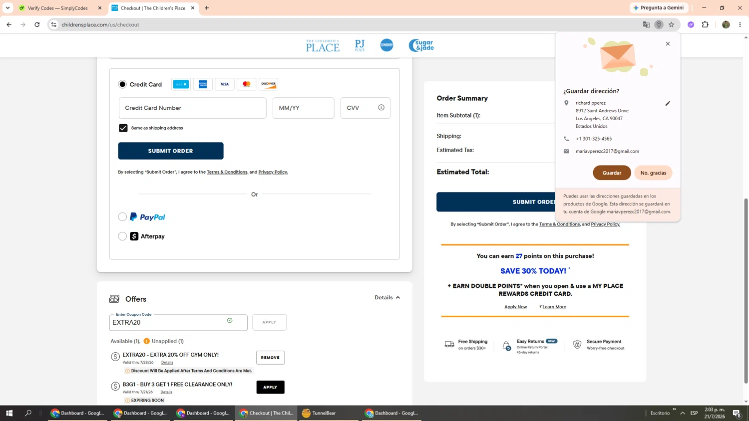 Verification screenshot for 20% Off Select Styles (minimum Order $60) at The Children's Place - 12d ago