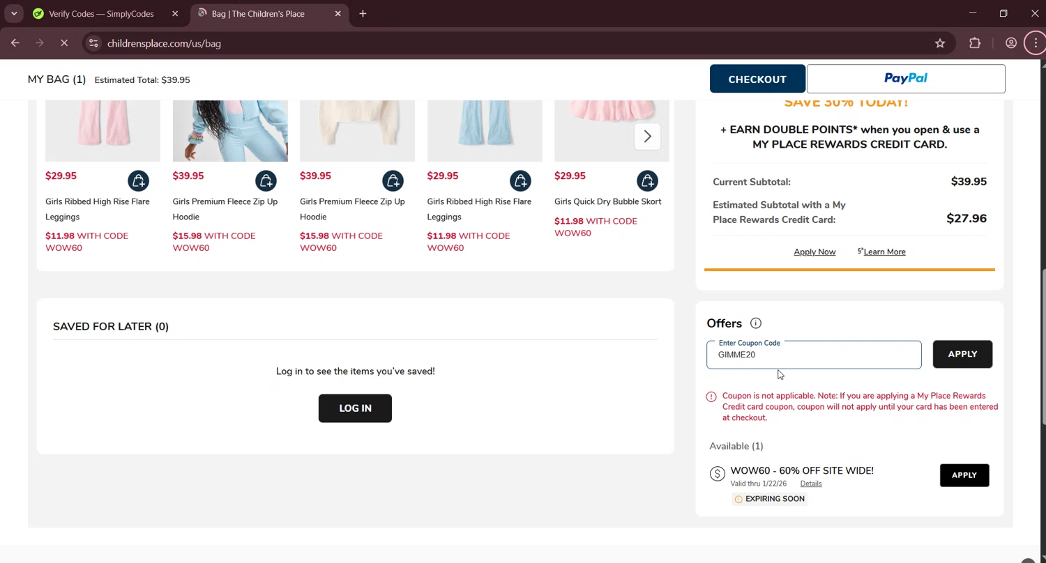The Children's Place checkout page showing The Children's Place coupon code box | Screenshot taken by SimplyCodes community member on Jan 22, 2026