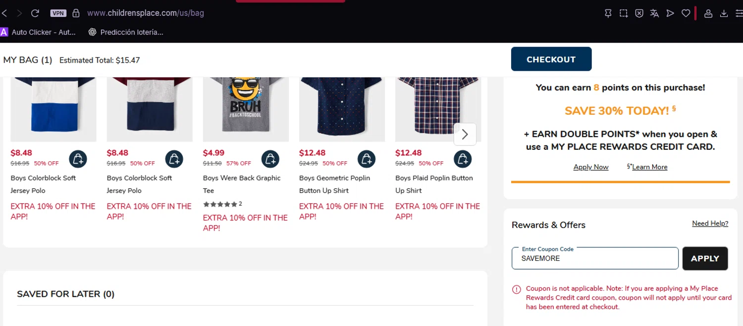 The Children's Place coupon code screenshot showing code SAVEMORE applied at The Children's Place checkout page. Uploaded by SimplyCodes community member TreasureScout5082 on Aug 4, 2025
