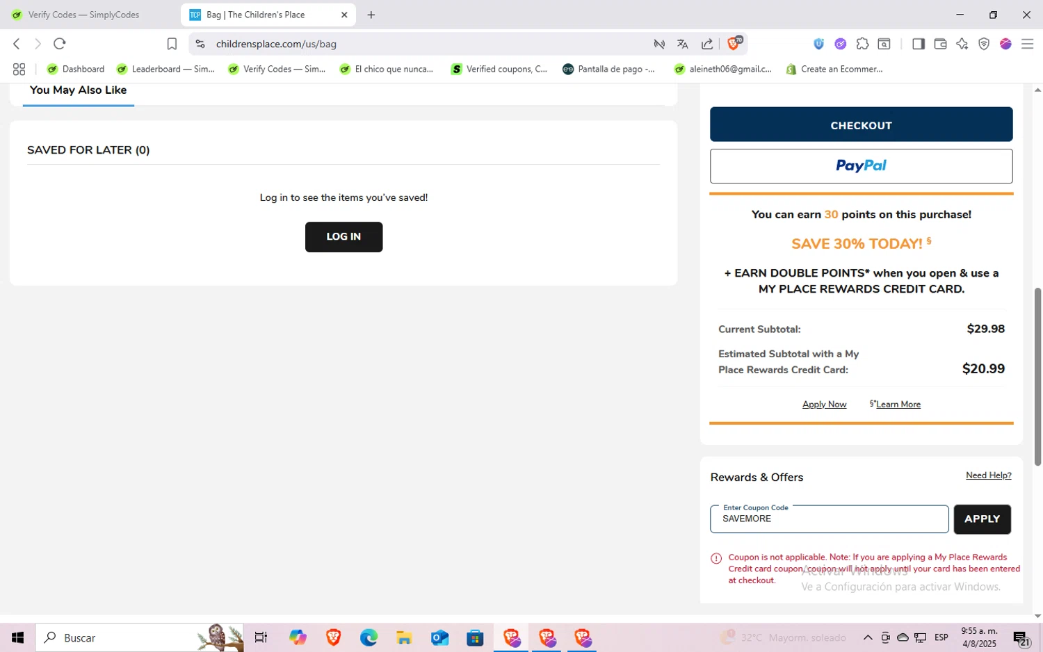 The Children's Place coupon code screenshot showing code SAVEMORE applied at The Children's Place checkout page. Uploaded by SimplyCodes community member Rayyyyyy on Aug 4, 2025