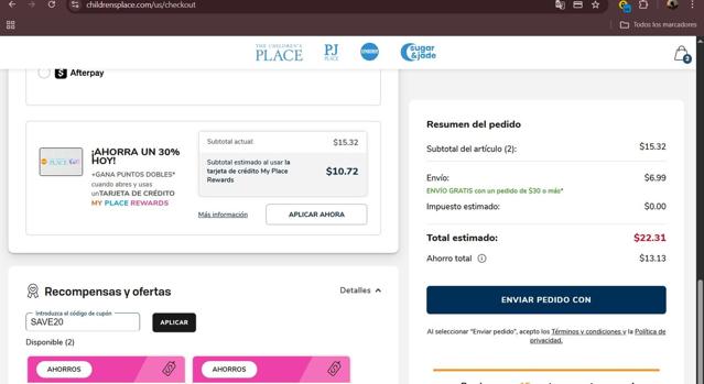 The Children's Place checkout page showing The Children's Place coupon code box | Screenshot taken by SimplyCodes community member on Sep 3, 2025