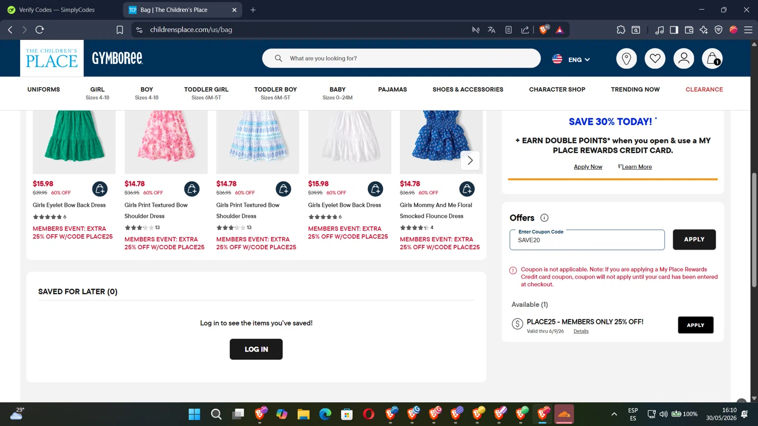 Verification screenshot for 20% Off Storewide at The Children's Place - 42d ago