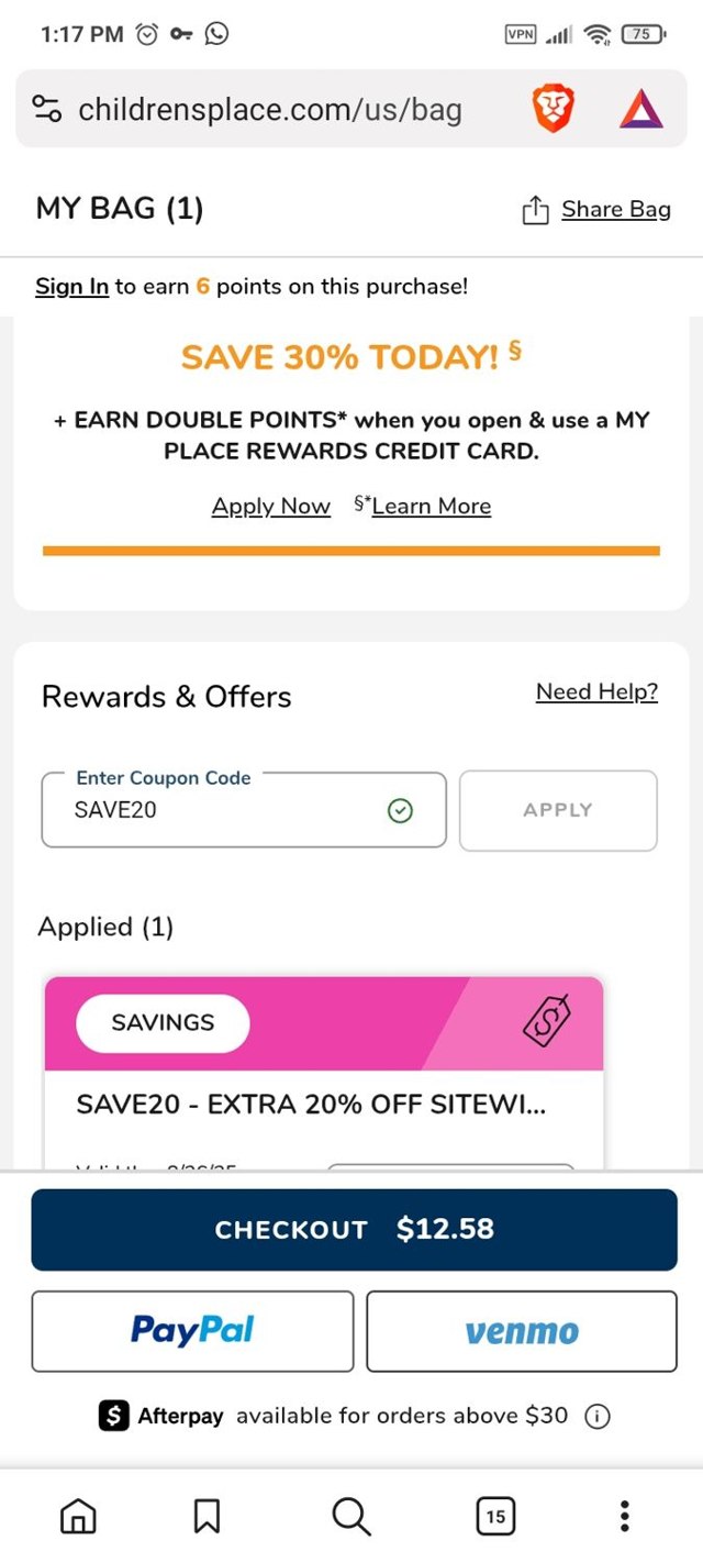 The Children's Place checkout page showing The Children's Place coupon code box | Screenshot taken by SimplyCodes community member on Aug 21, 2025