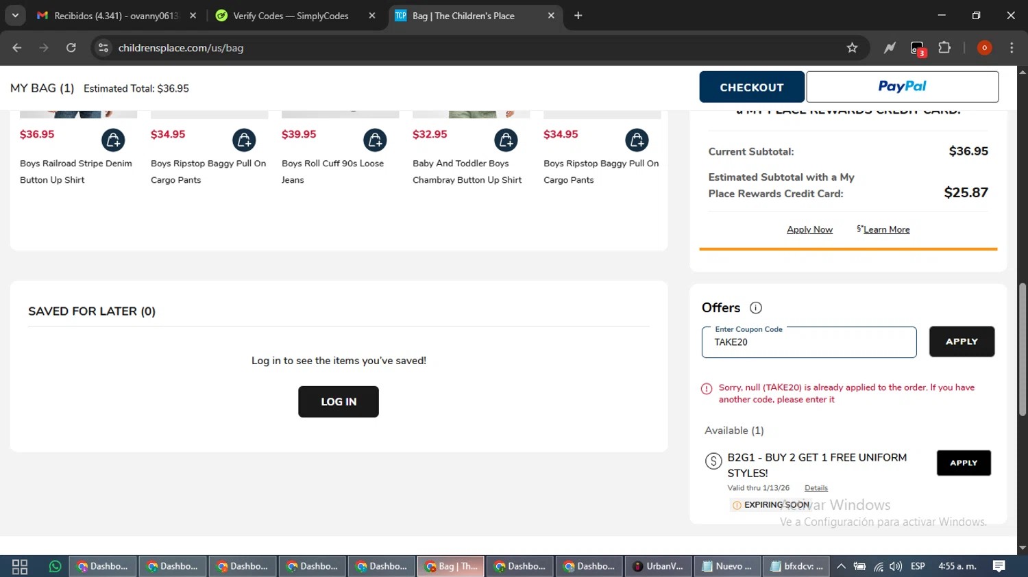 The Children's Place checkout page showing The Children's Place coupon code box | Screenshot taken by SimplyCodes community member on Jan 9, 2026