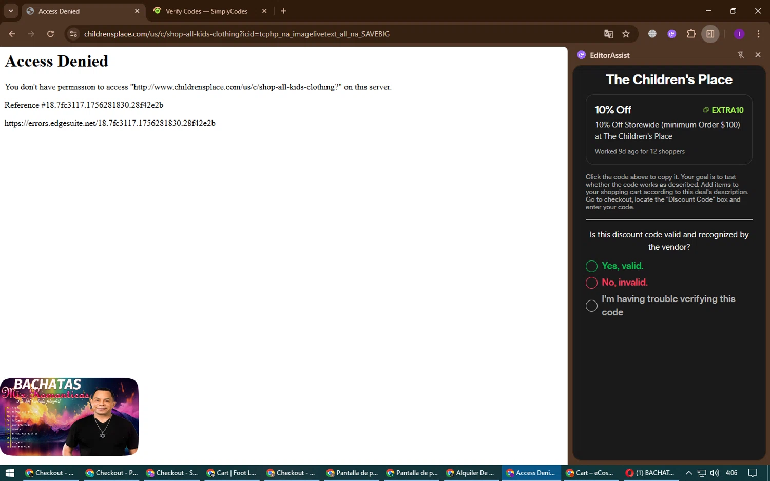 The Children's Place coupon code screenshot showing code extra10 applied at The Children's Place checkout page. Uploaded by SimplyCodes community member ChinoYugi on Aug 27, 2025