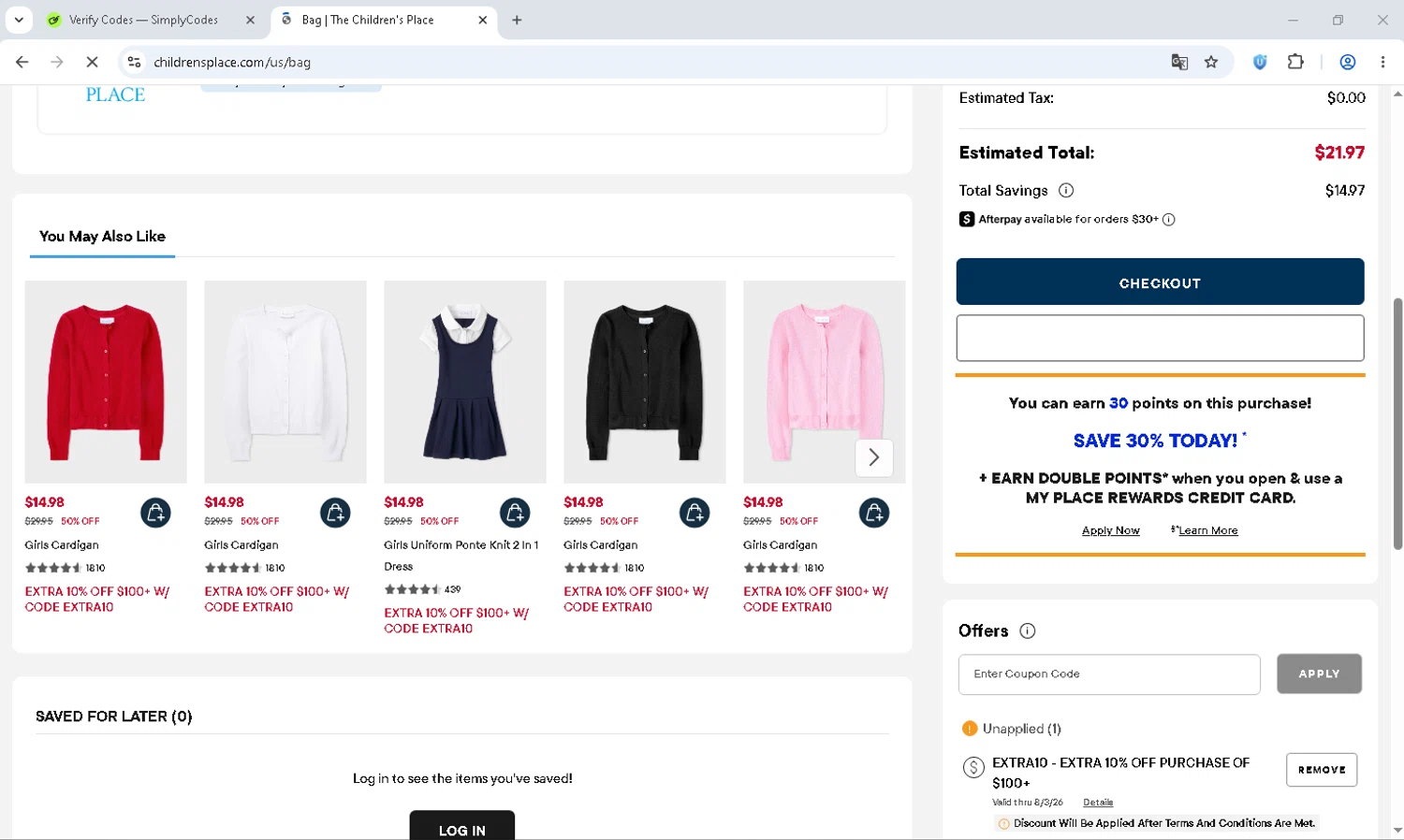 Verification screenshot for 10% Off Storewide (Minimum Order: $100) at The Children's Place at The Children's Place - 2d ago