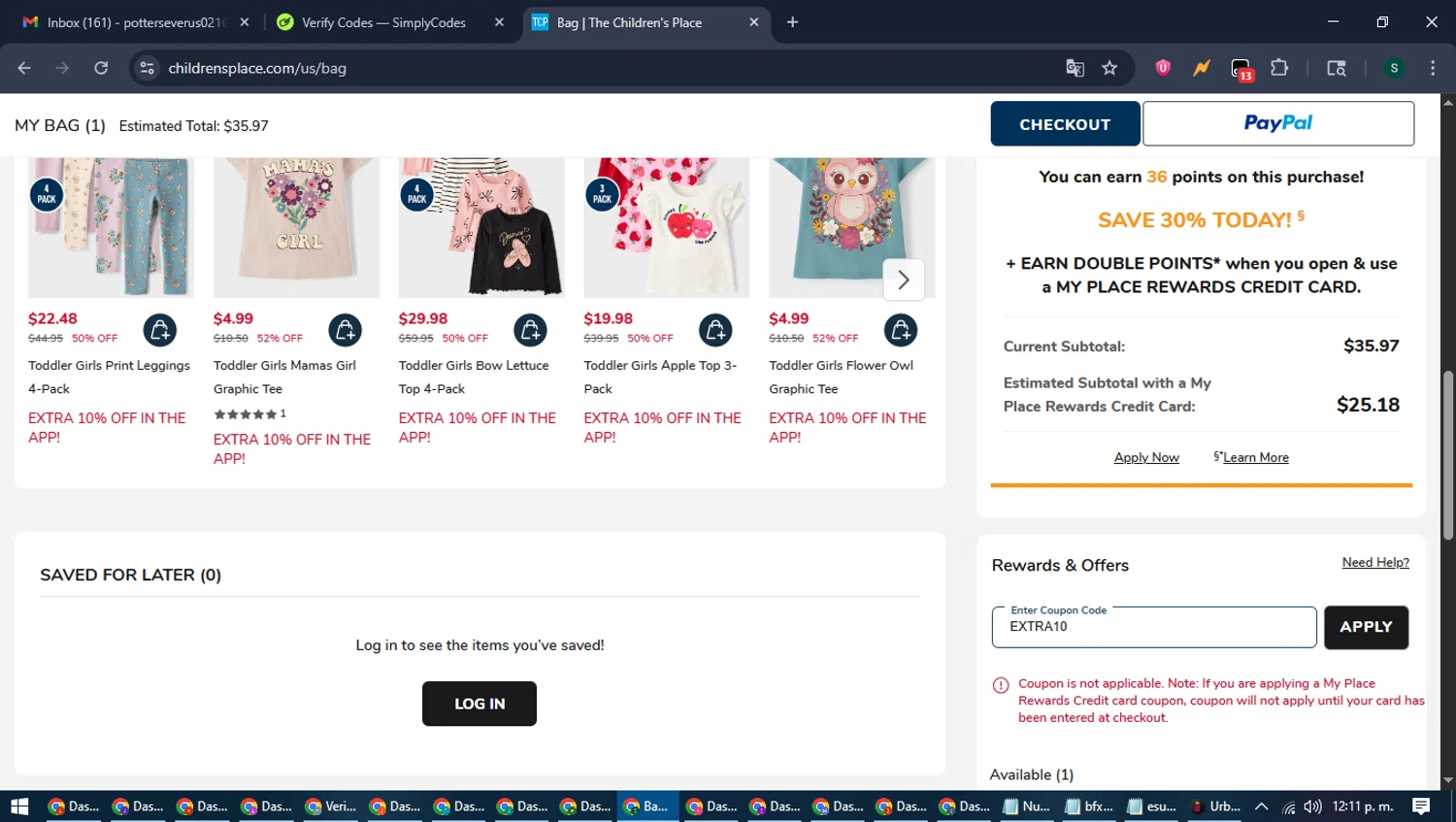 The Children's Place coupon code screenshot showing code extra10 applied at The Children's Place checkout page. Uploaded by SimplyCodes community member ShrewdAce7935 on Aug 8, 2025