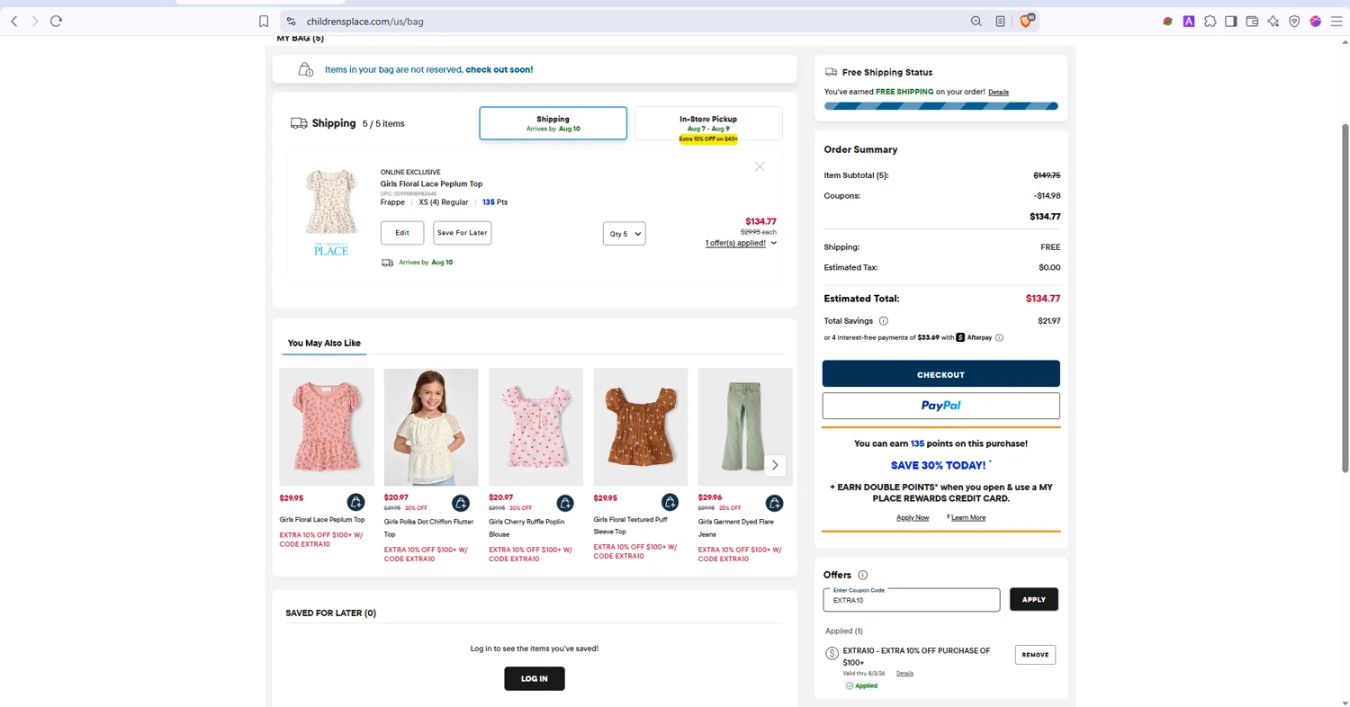 Verification screenshot for 10% Off Storewide (Minimum Order: $100) at The Children's Place at The Children's Place - 2d ago