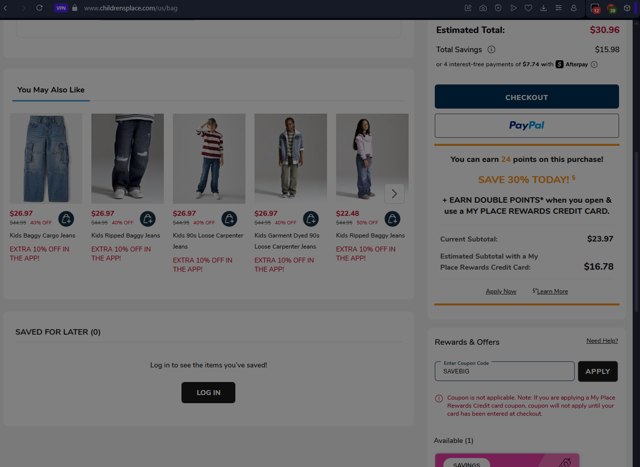 The Children's Place checkout page showing The Children's Place coupon code box | Screenshot taken by SimplyCodes community member on Aug 9, 2025