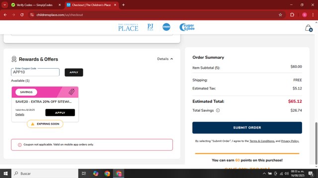 The Children's Place checkout page showing The Children's Place coupon code box | Screenshot taken by SimplyCodes community member on Aug 16, 2025