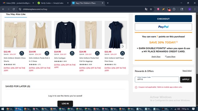 The Children's Place checkout page showing The Children's Place coupon code box | Screenshot taken by SimplyCodes community member on Aug 10, 2025