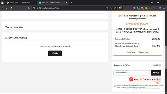 The Children's Place checkout page showing The Children's Place coupon code box | Screenshot taken by SimplyCodes community member on Aug 18, 2025