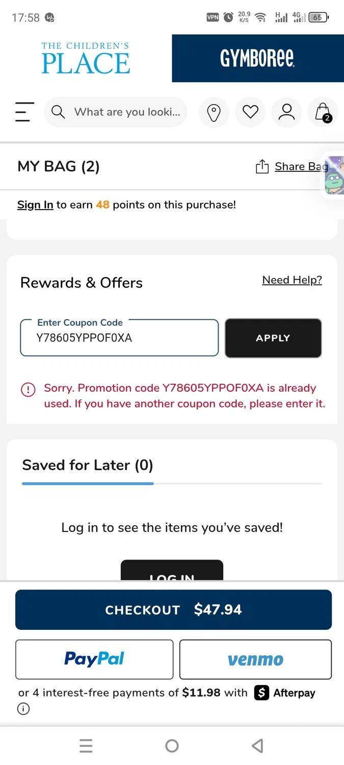 The Children's Place coupon code screenshot showing code Y78605YPPOF0XA applied at The Children's Place checkout page. Uploaded by SimplyCodes community member dayselis15 on Aug 25, 2025