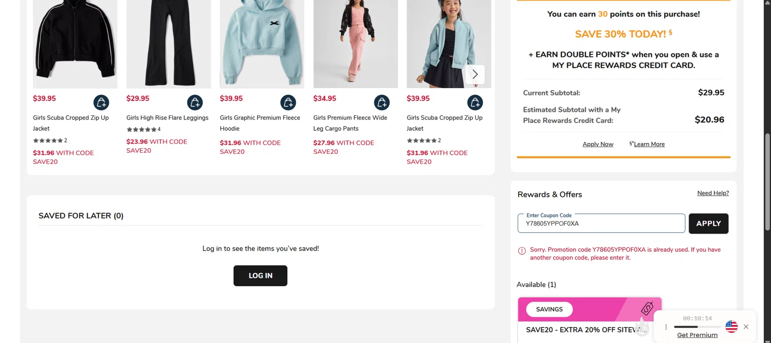 The Children's Place coupon code screenshot showing code Y78605YPPOF0XA applied at The Children's Place checkout page. Uploaded by SimplyCodes community member james_smith on Aug 25, 2025