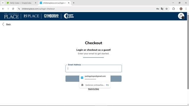The Children's Place checkout page showing The Children's Place coupon code box | Screenshot taken by SimplyCodes community member on Sep 14, 2025