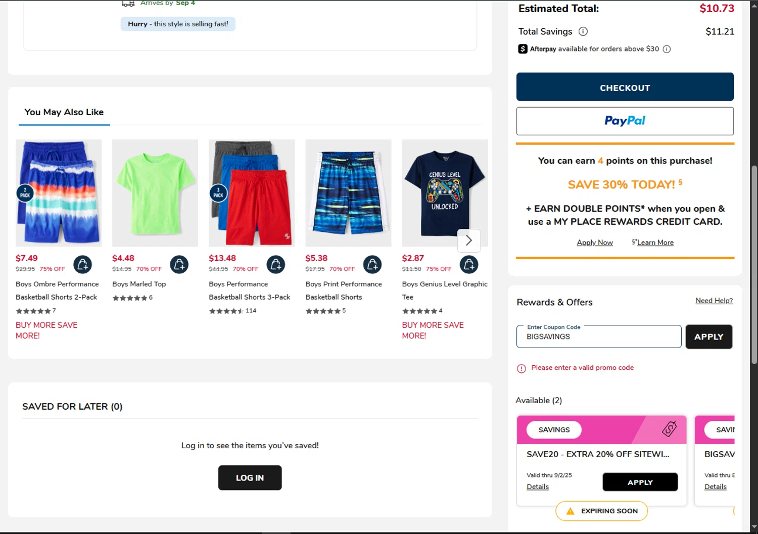 The Children's Place coupon code screenshot showing code BIGSAVINGS applied at The Children's Place checkout page. Uploaded by SimplyCodes community member MagnificentFalcon188 on Aug 27, 2025