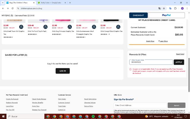 The Children's Place checkout page showing The Children's Place coupon code box | Screenshot taken by SimplyCodes community member on Sep 7, 2025