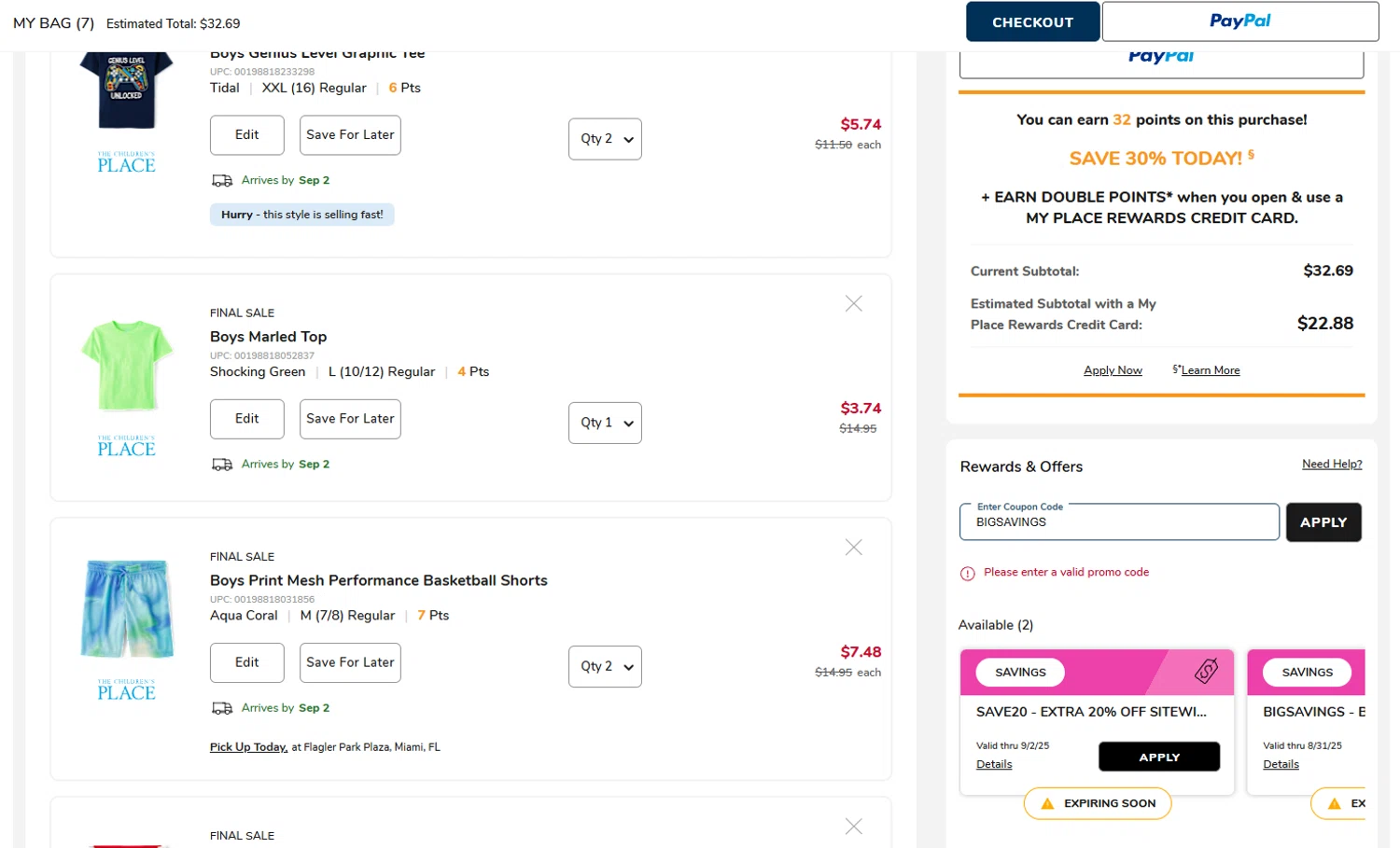 The Children's Place coupon code screenshot showing code BIGSAVINGS applied at The Children's Place checkout page. Uploaded by SimplyCodes community member SalvadorC1 on Aug 27, 2025