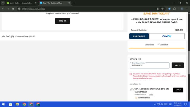 The Children's Place checkout page showing The Children's Place coupon code box | Screenshot taken by SimplyCodes community member on Oct 2, 2025