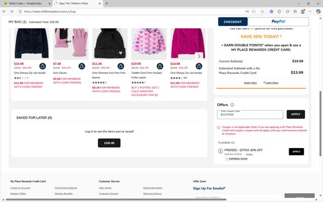 The Children's Place checkout page showing The Children's Place coupon code box | Screenshot taken by SimplyCodes community member on Sep 26, 2025