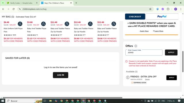 The Children's Place checkout page showing The Children's Place coupon code box | Screenshot taken by SimplyCodes community member on Sep 26, 2025